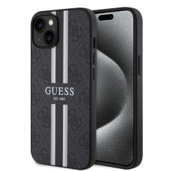 Coque arrière rigide Guess 4G Printed Stripes avec MagSafe pour Apple iPhone 15 - Noir