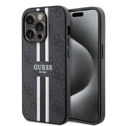 Coque arrière rigide Guess 4G Printed Stripes avec MagSafe pour Apple iPhone 15 Pro Max - Noir