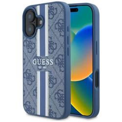 Coque arrière rigide Guess 4G Printed Stripes avec MagSafe pour Apple iPhone 16 - Bleu