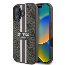 Coque arrière rigide Guess 4G Printed Stripes avec MagSafe pour Apple iPhone 16 - Marron