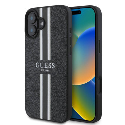 Coque arrière rigide Guess 4G Printed Stripes avec MagSafe pour Apple iPhone 16 Plus - Noir