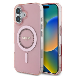 Coque arrière Guess IML Rhinestones avec MagSafe pour Apple iPhone 16 - Rose