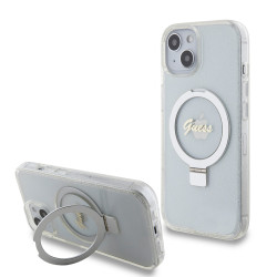 Coque arrière Guess Ring Stand Script Glitter avec MagSafe pour Apple iPhone 15 - Transparent