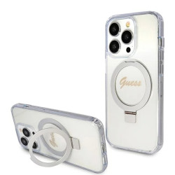 Coque arrière Guess Ring Stand Script Glitter avec MagSafe pour Apple iPhone 15 Pro - Transparent