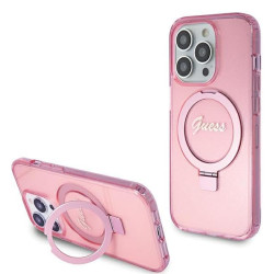 Coque arrière Guess Ring Stand Script Glitter avec MagSafe pour Apple iPhone 15 Pro Max - Rose