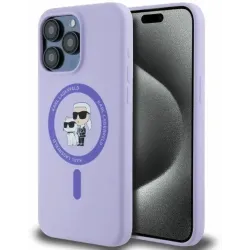 Coque arrière en silicone Karl Lagerfeld Karl & Choupette Heads Ring avec MagSafe pour Apple iPhone 15 Pro Max - Violet