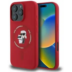Coque arrière en silicone Karl Lagerfeld Karl & Choupette Heads Ring avec MagSafe pour Apple iPhone 16 Pro - Rouge