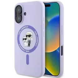 Coque arrière en silicone Karl Lagerfeld Karl & Choupette Heads Ring avec MagSafe pour Apple iPhone 16 Plus - Violet