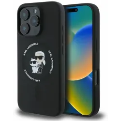 Coque arrière en silicone Karl Lagerfeld Karl & Choupette Heads Ring avec MagSafe pour Apple iPhone 16 Pro Max - Noir
