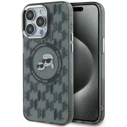 Coque arrière Karl Lagerfeld IML Monogram Karl & Choupette Head avec MagSafe pour Apple iPhone 15 Pro - Noir