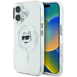 Coque arrière Karl Lagerfeld IML Metal Choupette Head avec MagSafe pour Apple iPhone 16 - Blanc