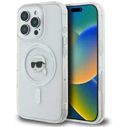 Coque arrière Karl Lagerfeld IML Metal Karl Head avec MagSafe pour Apple iPhone 16 Pro Max - Blanc