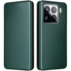 Coque portefeuille Phonesta Carbon Fiber Skin pour Xiaomi 15 - Vert foncé