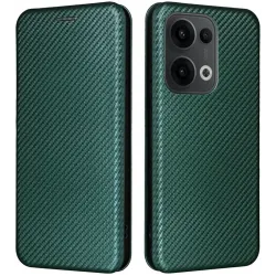 Coque portefeuille Phonesta Carbon Fiber Skin pour Oppo Reno13 - Vert foncé