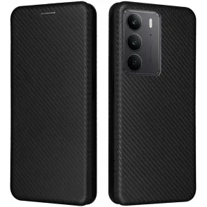 Coque portefeuille Phonesta Carbon Fiber Skin pour Realme 14x / C75 - Noir