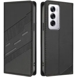 Coque portefeuille Phonesta Embossed Lines pour Oppo Reno12 - Noir