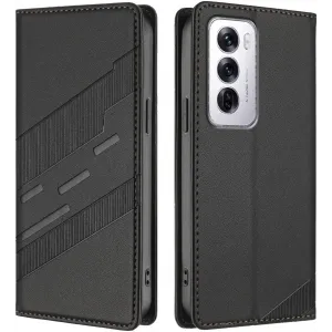 Coque portefeuille Phonesta Embossed Lines pour Oppo Reno12 - Noir