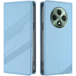 Coque portefeuille Phonesta Embossed Lines pour Oppo Reno12 F/Reno12 FS - Bleu clair