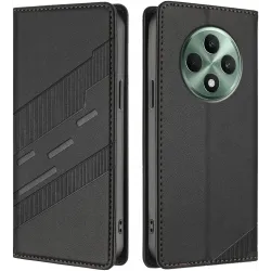 Coque portefeuille Phonesta Embossed Lines pour Oppo Reno12 F/Reno12 FS - Noir