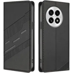Coque portefeuille Phonesta Embossed Lines pour OnePlus 13 - Noir