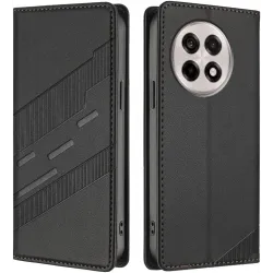 Coque portefeuille Phonesta Embossed Lines pour OnePlus 13R - Noir