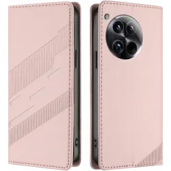 Coque portefeuille Phonesta Embossed Lines pour OnePlus 12 - Rose