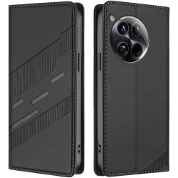 Coque portefeuille Phonesta Embossed Lines pour OnePlus 12 - Noir