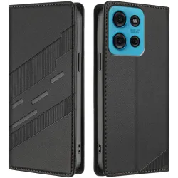 Coque portefeuille Phonesta Embossed Lines pour Motorola Moto G75 - Noir
