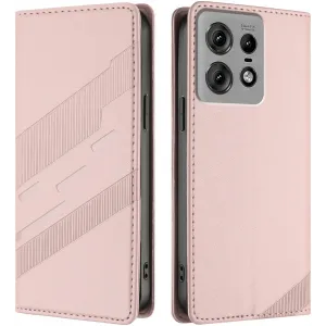 Coque portefeuille Phonesta Embossed Lines pour Motorola Edge 50 Pro - Rose