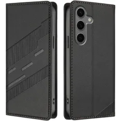 Coque portefeuille Phonesta Embossed Lines pour Samsung Galaxy S25 Plus - Noir