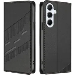 Coque portefeuille Phonesta Embossed Lines pour Samsung Galaxy A56 - Noir