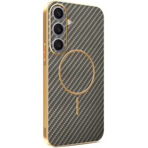 Coque arrière Phonesta Luxury Carbon Fiber avec MagSafe pour Samsung Galaxy S25 Plus/S24 Plus - Marron