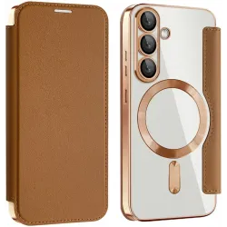 Coque portefeuille Phonesta Luxury Crystal avec MagSafe pour Samsung Galaxy S25 Plus/S24 Plus - Marron