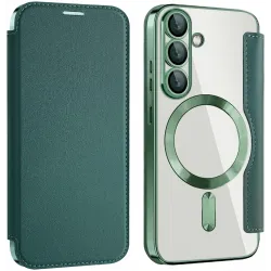 Coque portefeuille Phonesta Luxury Crystal avec MagSafe pour Samsung Galaxy S25 Plus/S24 Plus - Vert foncé