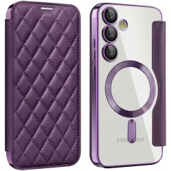 Coque portefeuille Phonesta Luxury Crystal Puffed avec MagSafe pour Samsung Galaxy S24 FE - Violet foncé