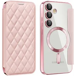 Coque portefeuille Phonesta Luxury Crystal Puffed avec MagSafe pour Samsung Galaxy S24 FE - Rose