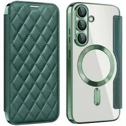 Coque portefeuille Phonesta Luxury Crystal Puffed avec MagSafe pour Samsung Galaxy S25/S24 - Vert foncé