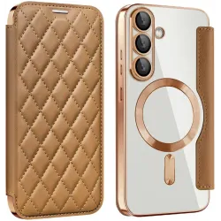 Coque portefeuille Phonesta Luxury Crystal Puffed avec MagSafe pour Samsung Galaxy S25 Plus/S24 Plus - Marron