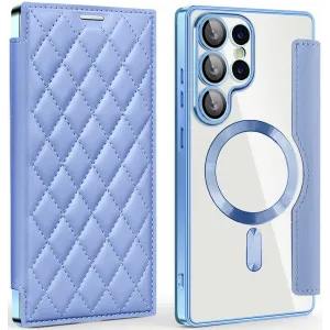 Coque portefeuille Phonesta Luxury Crystal Puffed avec MagSafe pour Samsung Galaxy S25 Ultra - Bleu clair