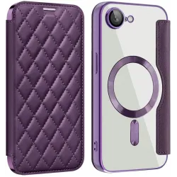 Coque portefeuille Phonesta Luxury Crystal Puffed avec MagSafe pour Apple iPhone 17e/16e - Violet foncé