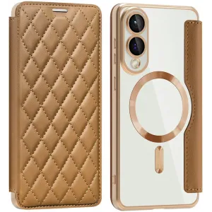 Coque portefeuille Phonesta Luxury Crystal Puffed avec MagSafe pour Samsung Galaxy S25 Edge - Marron