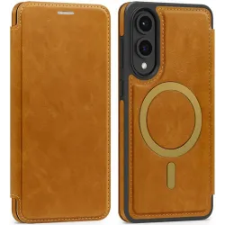 Coque portefeuille Phonesta Luxury Leather avec MagSafe pour Samsung Galaxy S25 Edge - Marron clair