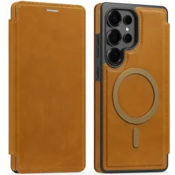 Coque portefeuille Phonesta Luxury Leather avec MagSafe pour Samsung Galaxy S25 Ultra - Marron clair