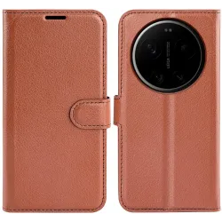 Coque portefeuille Phonesta Litchi Skin pour Xiaomi 17 Ultra - Marron