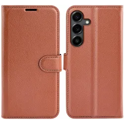 Coque portefeuille Phonesta Litchi Skin pour Samsung Galaxy S25 FE - Marron